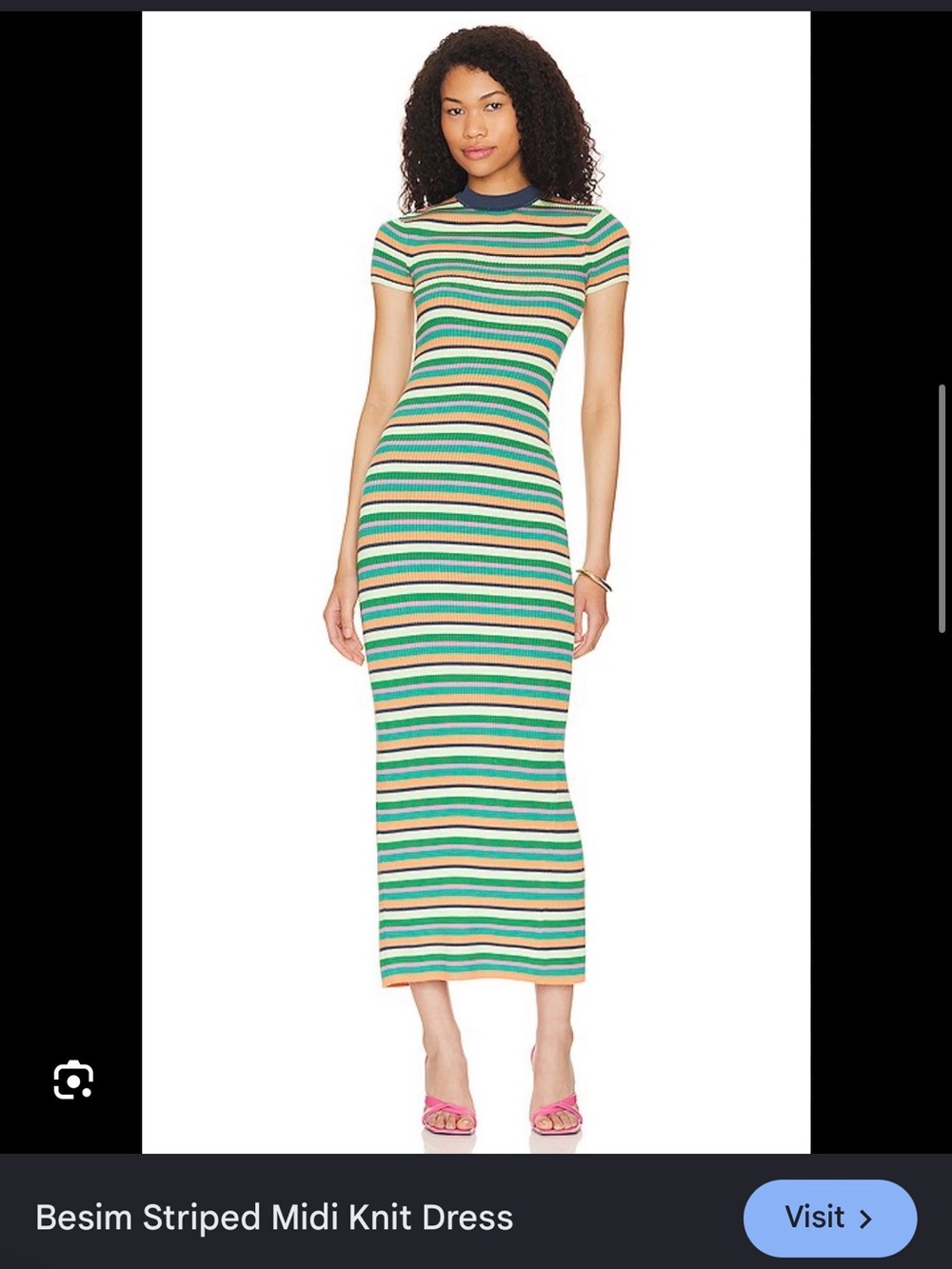 L'Academie Green Striped Midi Knit Dress with Navy Trim